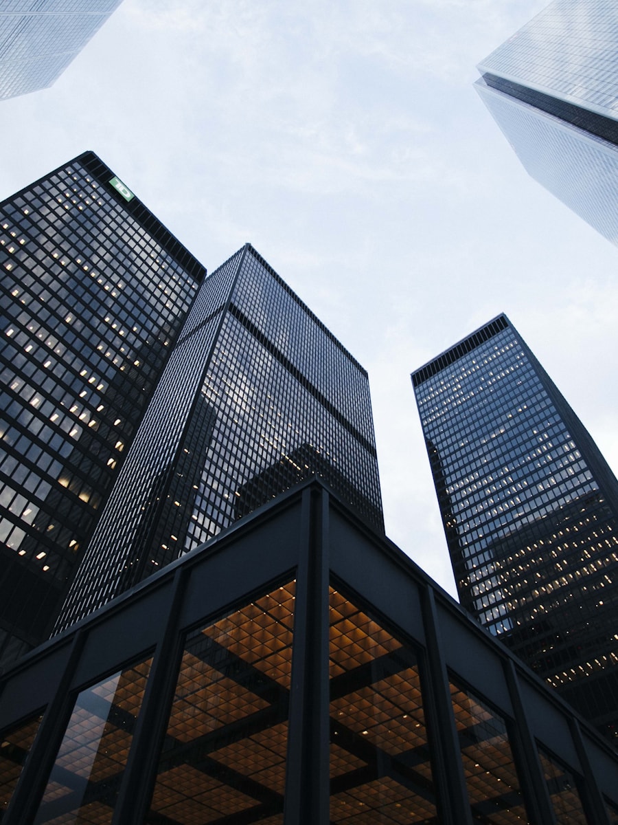 Downtown glass office towers photographed from below