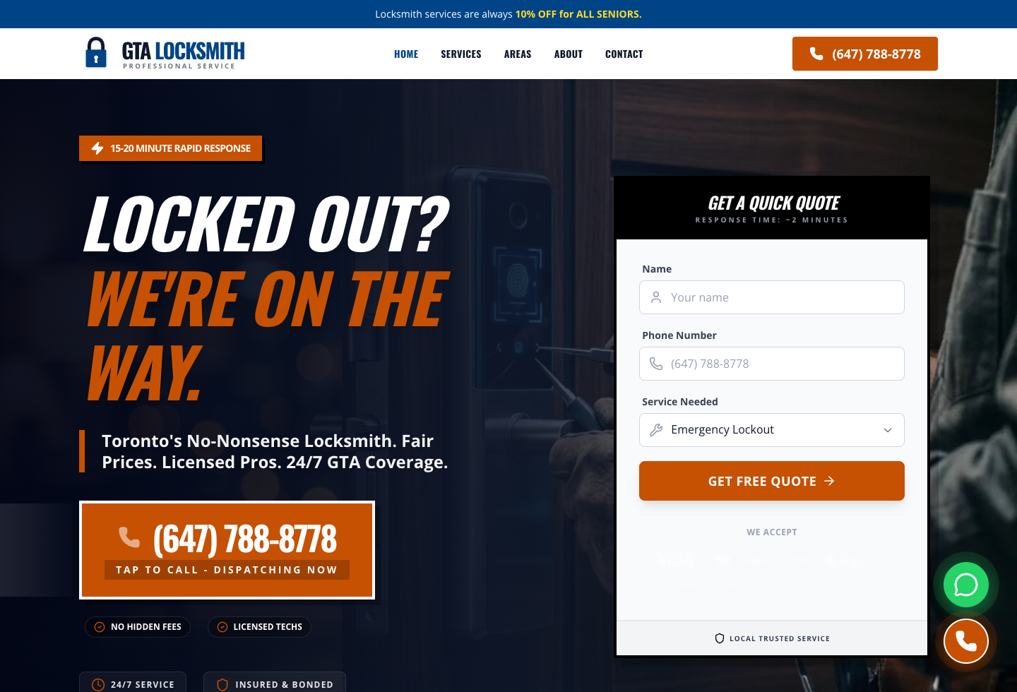 GTA Locksmith website homepage screenshot