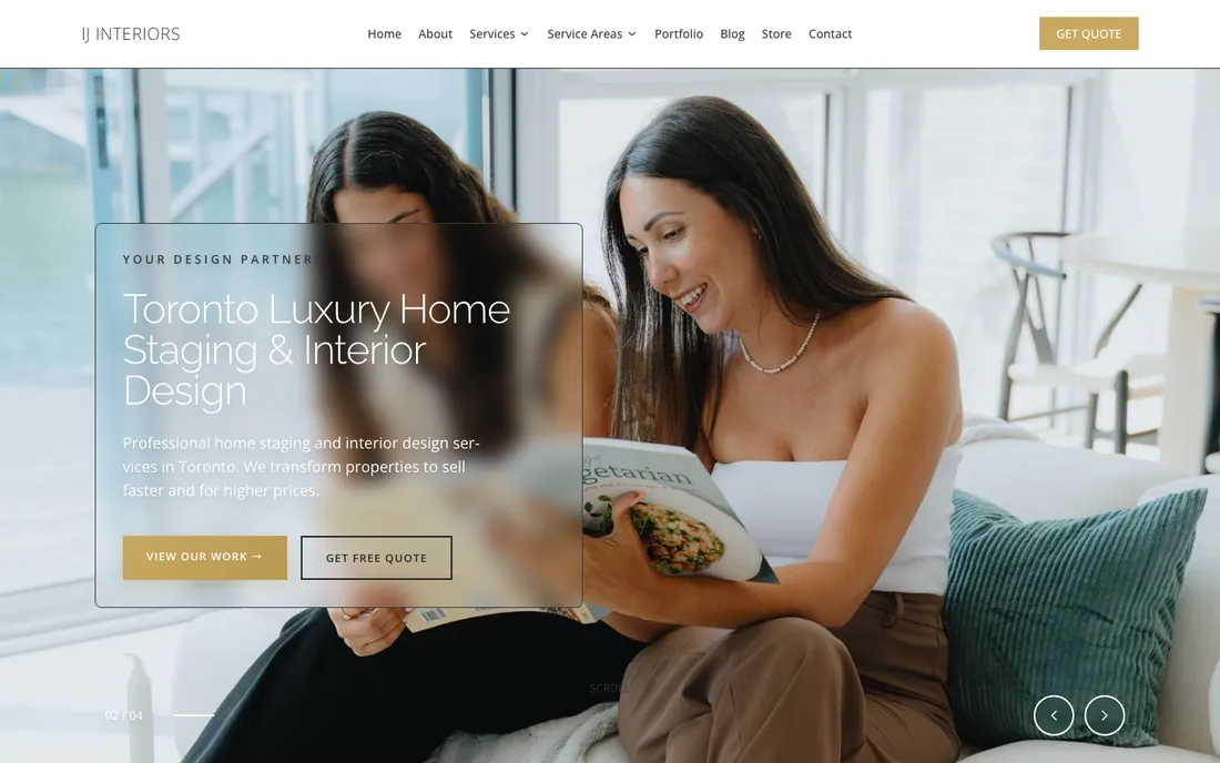 IJ Interiors homepage: Toronto luxury home staging and interior design, with a full-width lifestyle photo and a quote button