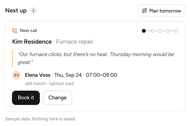 Next-up card: Kim Residence furnace repair, suggested for Elena Voss on Thursday 7 to 9 AM, with Book it and Change buttons