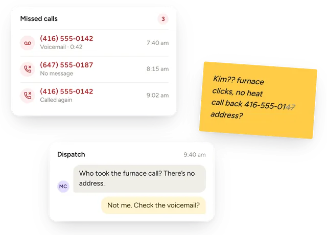 Before Lane: a list of three missed calls, a sticky note reading 'Kim?? furnace clicks, no heat, call back, address?', and a dispatch chat asking who took the furnace call
