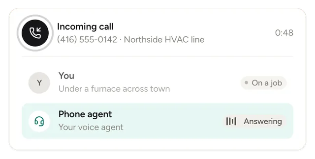 Incoming call to the Northside HVAC line: the owner is marked 'on a job' and the phone agent is answering