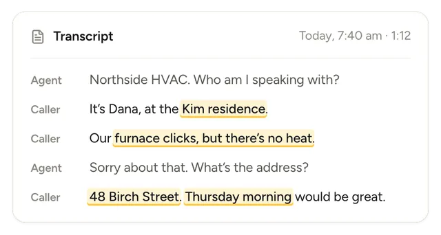 Call transcript: the agent asks who is calling; the caller gives her name, says the furnace clicks but there's no heat, and gives an address and a preferred time