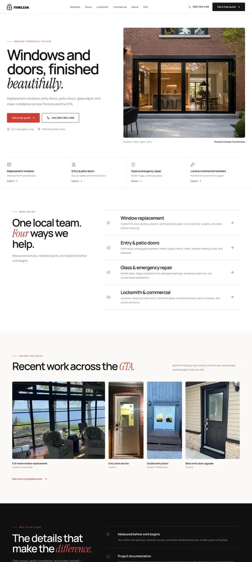 Fix N Clean homepage: windows and doors company serving Toronto and the GTA, with free-quote and call buttons, a services list and recent project photos