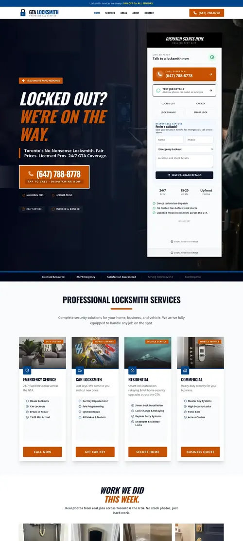 GTA Locksmith homepage: 24/7 Toronto locksmith with a large tap-to-call button, a callback request form and service cards