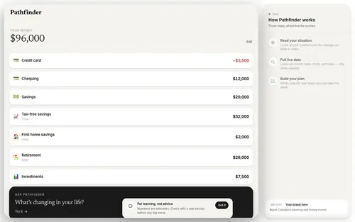 Wealthy Agent MVP: a money-planning app listing account balances by type, with an assistant prompt asking what's changing in your life